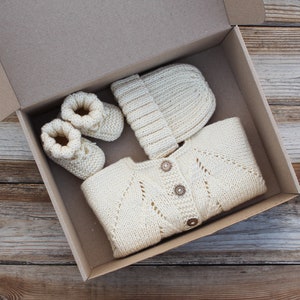 Merino Cream White Newborn Set, Hand Knit Baby Set Off White, Knit Baby Sweater, Sweater Hat Booties, Newborn Knit Outfit, Ivory Girl Boy