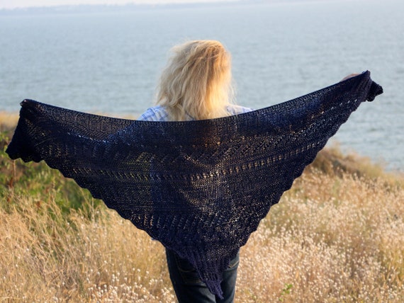 Knit triangle scarf navy blue triangle shawl knit wedding shawl knit wedding scarf lace shawl winter knit shrug bridal shawl women shrug