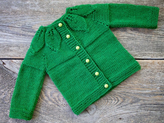 Green hand knit baby cardigan knitted 