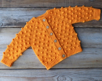 KLAAR om maat 9-12 maanden oranje handgebreide babytrui, peutervest popcorn, handgebreide trui, warm babyvest, babycadeau te verzenden