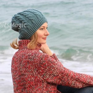 KNITTING PATTERN - Knit Cabled Beanie Hat - PDF digital download - Dk yarn slouchy cap - winter merino mixed wool Hat - written instructions