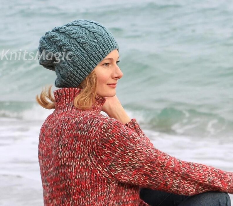 KNITTING PATTERN - Knit Cabled Beanie Hat - PDF digital download - Dk yarn slouchy cap - winter merino mixed wool Hat - written instructions image 1