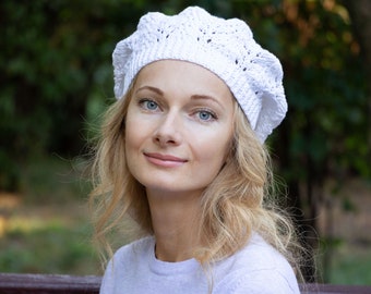 Women summer knit beret hat handmade Lace french hat white cotton lightweight beret sea wedding ideas hand knitted summer beanie