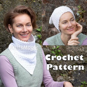 May include: A white crochet cowl and a matching white crochet beanie. The cowl features a textured, triangular design worn around the neck. The beanie has a scalloped edge and a delicate, openwork pattern. The text KnitsMagic and Crochet Pattern appear.