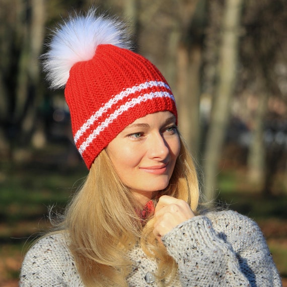 Ready To Ship Red Fur Pom Pom Hat Women Hat Winter Hat Hand Etsy