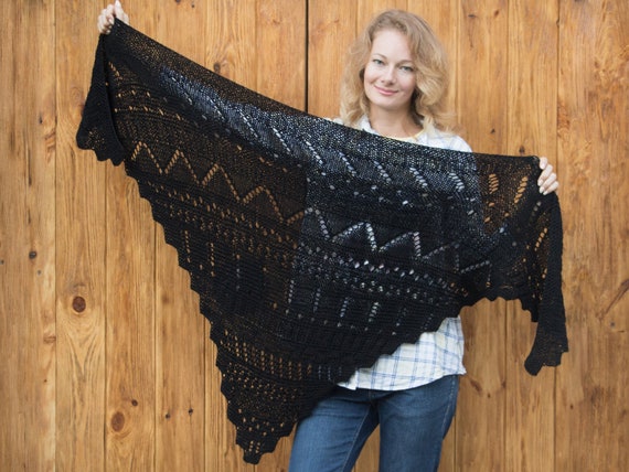 Hand-knit Black Alpaca Shawl, Lightweight Triangle Scarf, Warm