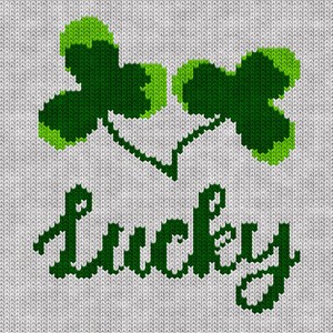 Pode incluir: Imagem de malha de um trevo de quatro folhas com a palavra "lucky" escrita em verde abaixo.