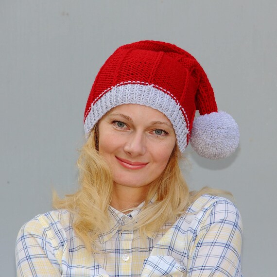 Knit Santa Hat Women Christmas Beanie Pom Pom Hat Red Etsy