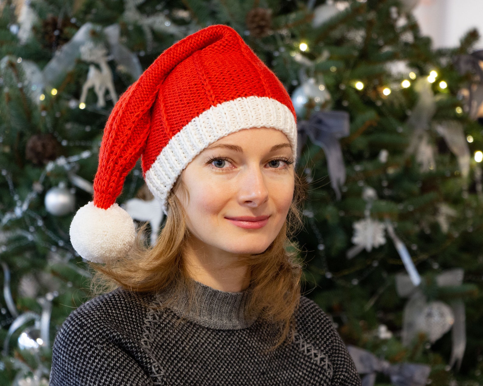 Knit santa hat women christmas beanie pom pom hat red Etsy