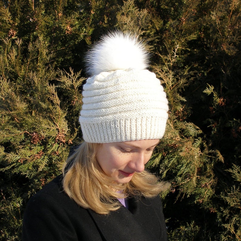 Real fur pom pom hat women white beanie knit wool hat white Etsy