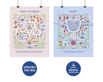 Láminas con mapas de parques temáticos: elige 2. Descarga digital. Actualizadas para 2026. 4 de Walt Disney World, 2 de Disneyland, 2 de Disneyland París y 2 de Tokyo Disneyland.
