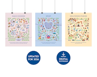 Láminas con mapas de parques temáticos: elige 3. Descarga digital. Actualizado para 2026. 4 de Walt Disney World, 2 de Disneyland, 2 de Disneyland París y 2 de Tokyo Disneyland.
