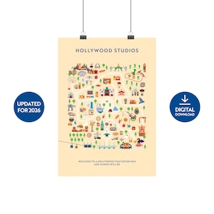 May include: A poster with the text "HOLLYWOOD STUDIOS" at the top. The poster features a colorful map with various icons representing attractions. Text on the poster reads "UPDATED FOR 2026" and "DIGITAL DOWNLOAD". The bottom text says "WELCOME TO A HOLLYWOOD THAT NEVER WAS AND ALWAYS WILL BE".