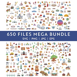 May include: An image showcasing a mega bundle of 650 files in SVG, PNG, JPG, and EPS formats. The image is filled with colourful illustrations of global landmarks, buildings, and icons, including castles, monuments, and flags. The text "650 FILES MEGA BUNDLE" is displayed prominently.