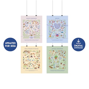 Theme Park Map Prints – choose any 4 – updated 2026 (digital download), 4 WDW Prints, 2 Disneyland Prints & 2 Disneyland Paris Prints