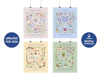 Theme Park Map Prints – choose any 4 – Digital Download. Updated for 2026. 4 WDW, 2 Disneyland, 2 Disneyland Paris & 2 Tokyo Disneyland