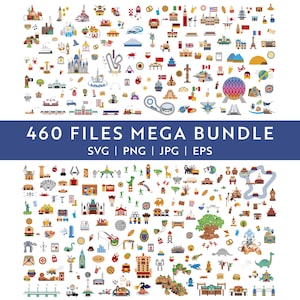 Op de afbeelding: Een verzameling van 460 vectorbestanden in SVG-, PNG-, JPG- en EPS-formaten. De afbeelding bevat talrijke kleurrijke illustraties van bezienswaardigheden, gebouwen en iconen, waaronder kastelen, monumenten en attracties. De tekst "460 FILES MEGA BUNDLE" wordt weergegeven.