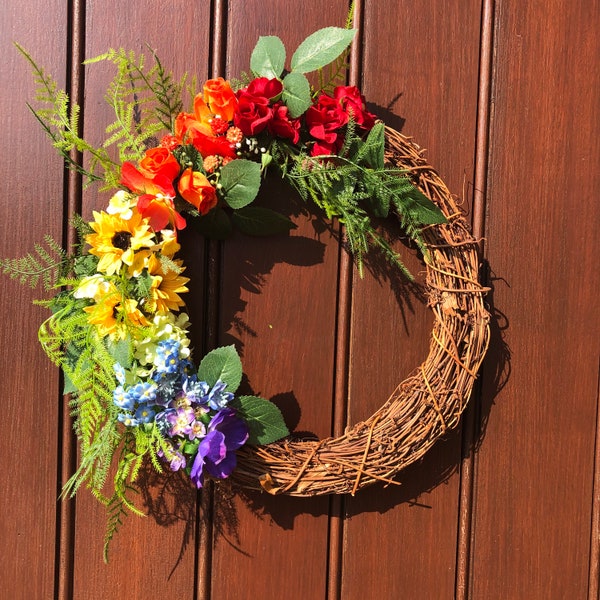 Rainbow wreath, multicoloured front door wreath, indoor or outdoor decor, lgbtq pride wreath, bright interior decoration, artificial flowers