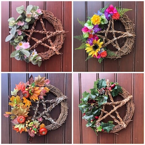 Pentacle wreath, wheel of the year, gift for Pagan, Wiccan wreath, Sabbat decor, front door wreath, indoor or outdoor, seasonal home decor