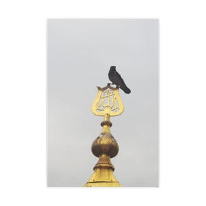 Pode incluir: Um pássaro preto empoleirado no topo de um elemento arquitetônico dourado. A estrutura ornamentada apresenta uma base bulbosa e um topo decorativo com escrita árabe. O fundo é um céu nublado e sombrio, criando um contraste com o ouro brilhante.