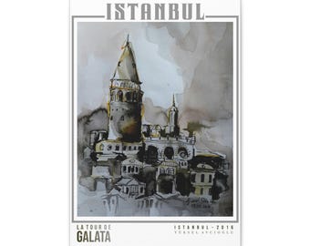 Op de afbeelding: Waterverfprint van de Galata-toren in Istanbul, met een gedetailleerde weergave van het historische monument. Het kunstwerk gebruikt een gedempte kleurenpalet van grijstinten, bruin en geel. De print bevat de tekst "ISTANBUL" en "LA TOUR DE GALATA".
