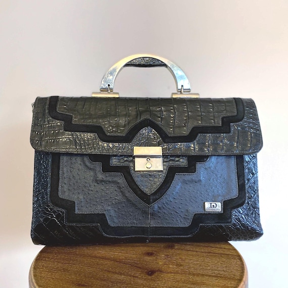 Vintage Echtleder Satchel Handtasche Schwarz Henkel Donna Lisa Made in Italy A