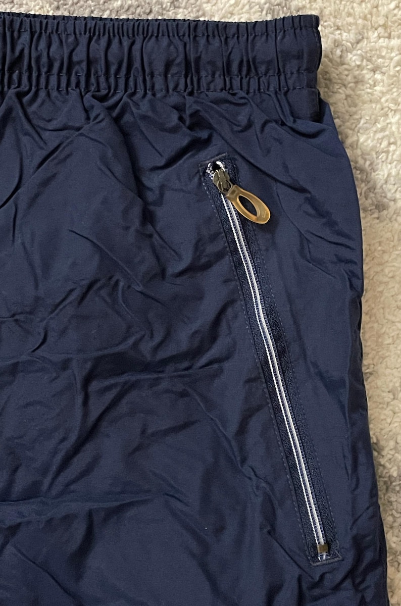 Pu&ograve; includere: Primo piano di pantaloni sportivi blu navy. I pantaloni hanno un elastico in vita e una tasca con cerniera argentata con un tirante dorato. Il tessuto ha una leggera lucentezza.