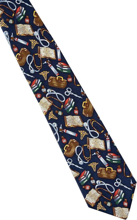 Alynn Neckwear Vintage Men's "Is There a Doctor in The House" 100% Silk Necktie (Navy, 3.75" x 55.25")