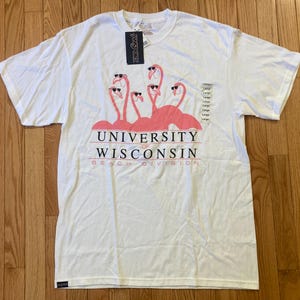 May include: White t-shirt with a pink flamingo graphic wearing sunglasses. The shirt features the text "UNIVERSITY OF WISCONSIN BEACH DIVISION" in red and black. A JanSport tag is attached.