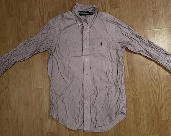 Ralph Lauren heren overhemd met lange mouwen, getailleerd model, gestreepte kraag en knoopsluiting (bordeauxrood/witte strepen, maat S)
