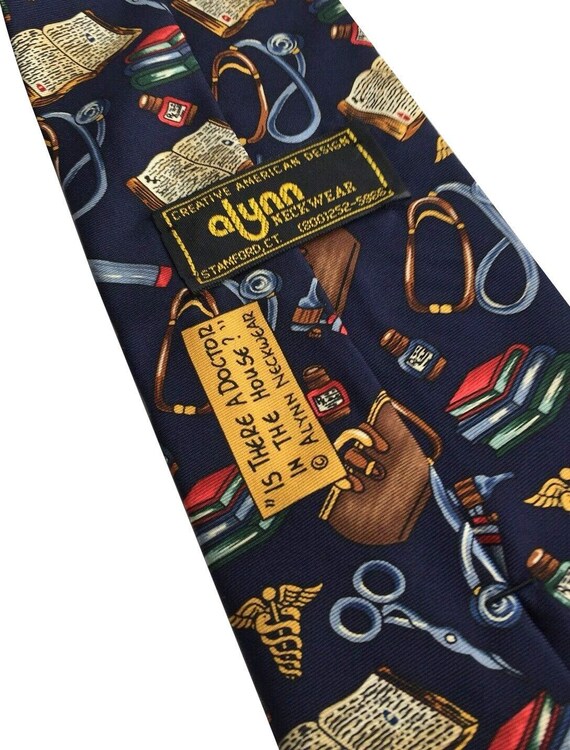 Alynn Neckwear Vintage Men's "Is There a Doctor in The House" 100% Silk Necktie (Navy, 3.75" x 55.25") View 3