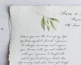 Custom Calligraphy Wedding Vows, Poem, Handwritten Letter, Bespoke Wall Art, Handwritten Poem, Handmade Paper Letter