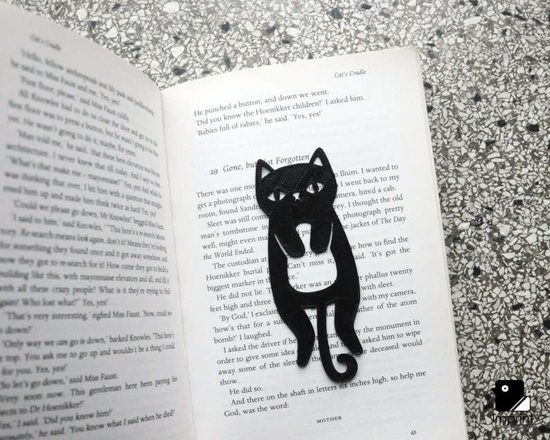 Cat Bookmark 3D Printed in Black Plastic image 1