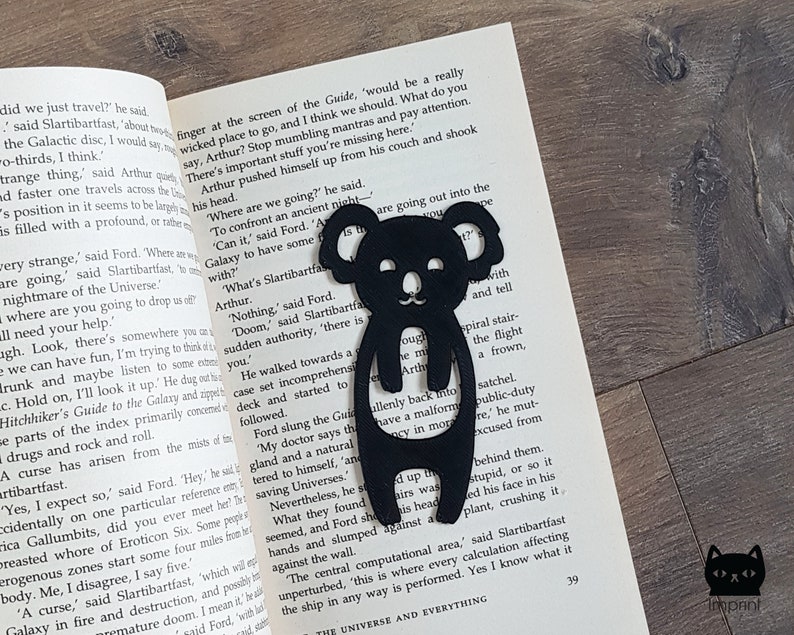Koala Bookmark Stampato in 3D in plastica nera immagine 1