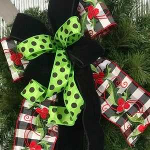 Christmas Bows with black, lime green, red Premium Designer Quality Ribbon Wreath Bow Lantern Bow Staircase Bow Ready to Ship
