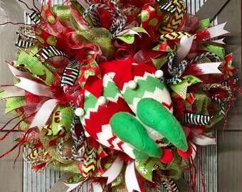 Christmas Wreath for Front Door, Elf Wreath, Elf Bottom Wreath, Elf Deco Mesh, Whimsical Wreath, Ready to Ship