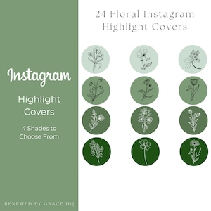 Instagram Highlight Covers, Green, Shades of Green, Floral Line Art, Leaf Line Art, Flower Line Art, Botanical, Nature, Icons