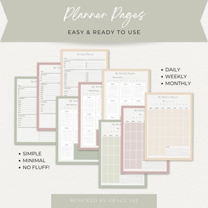 Olive Green Planner Pages: Minimalist Daily, Weekly, Monthly (Instant Download)