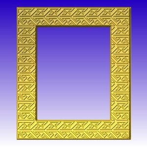 May include: A gold-colored rectangular frame with a repeating geometric pattern. The frame has a detailed, textured design and is set against a gradient blue background.