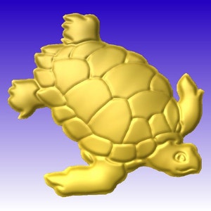 May include: A golden turtle figurine with a detailed shell and a textured surface. The turtle is in a swimming position with its head and legs extended.
