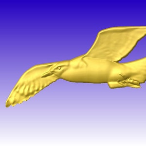 May include: A golden, stylized sculpture of a seagull in flight. The bird is depicted with its wings spread wide and its head turned to the side.