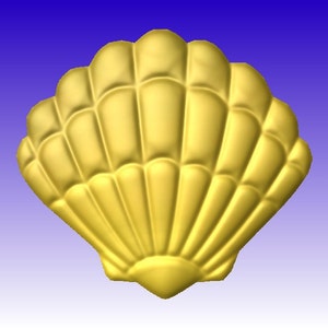 Könnte beinhalten: Eine goldene Muschelbildhauerei mit detaillierter, strukturierter Oberfläche. Die Muschel ist fächerförmig mit abgerundeter Basis und einer Reihe vertikaler Rippen. Der Hintergrund ist ein Farbverlauf aus Blautönen.