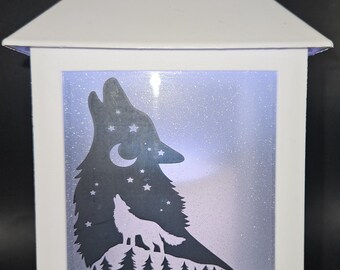 Hand Decorated Wolf LED Lantern with Remote