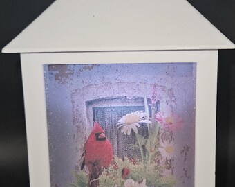 Hand Decorated Cardinals LED Lantern, Remote Control Timer