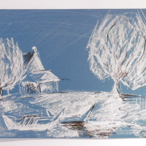 Original drawing with chalk on blue paper indigo A4, signed, white and black