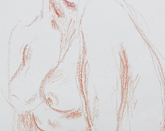 Dibujo original de tiza pastel, boceto moderno, desnudo de las mujeres firmado, dibujo del cuerpo desnudo, postura sexy luz