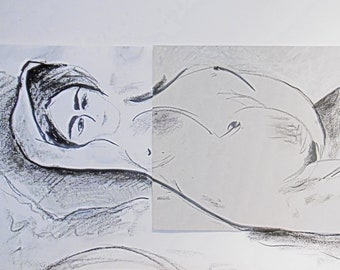 Dibujo original según KISSLING, con tiza, carboncillo y tinta, desnudo moderno, firmado, pose ligeramente sexy, dibujo del cuerpo, 55,5 x 25,5 cm