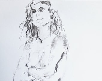 Original Aktzeichnung im Studio signiert, weibliche Akt aus Kohle, sexy moderne Skizze auf A3, nackte Körperzeichnung