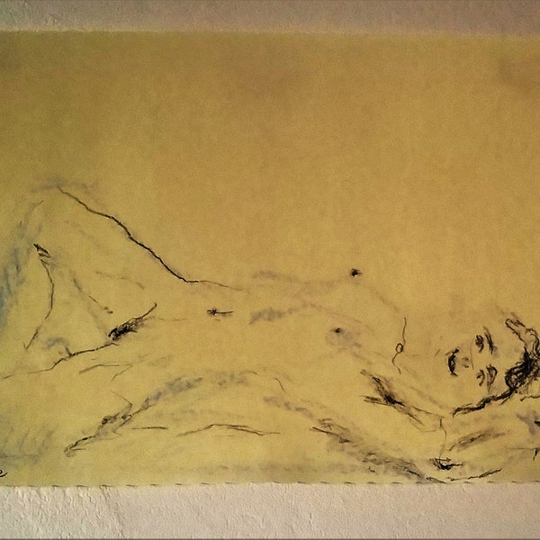 Fille nue originale signée au pastel et au crayon, nu féminin moderne, croquis érotique A4 sur papier jaune Fleurs nobles