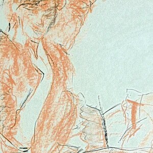 Pastel drawing with chalk on blue paper, original, signed, seated woman with sexy garter belt, 550 x 430 mm